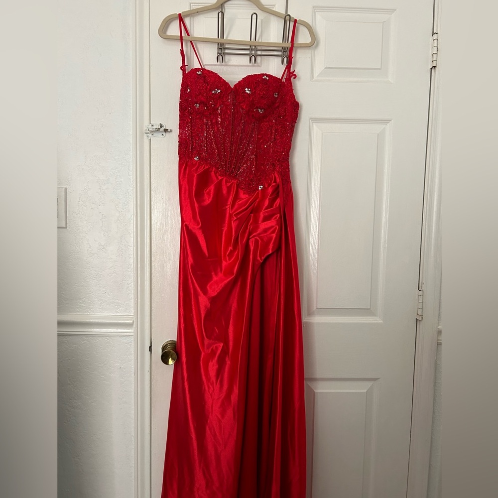 Red Beaded Prom Dress with Satin Skirt